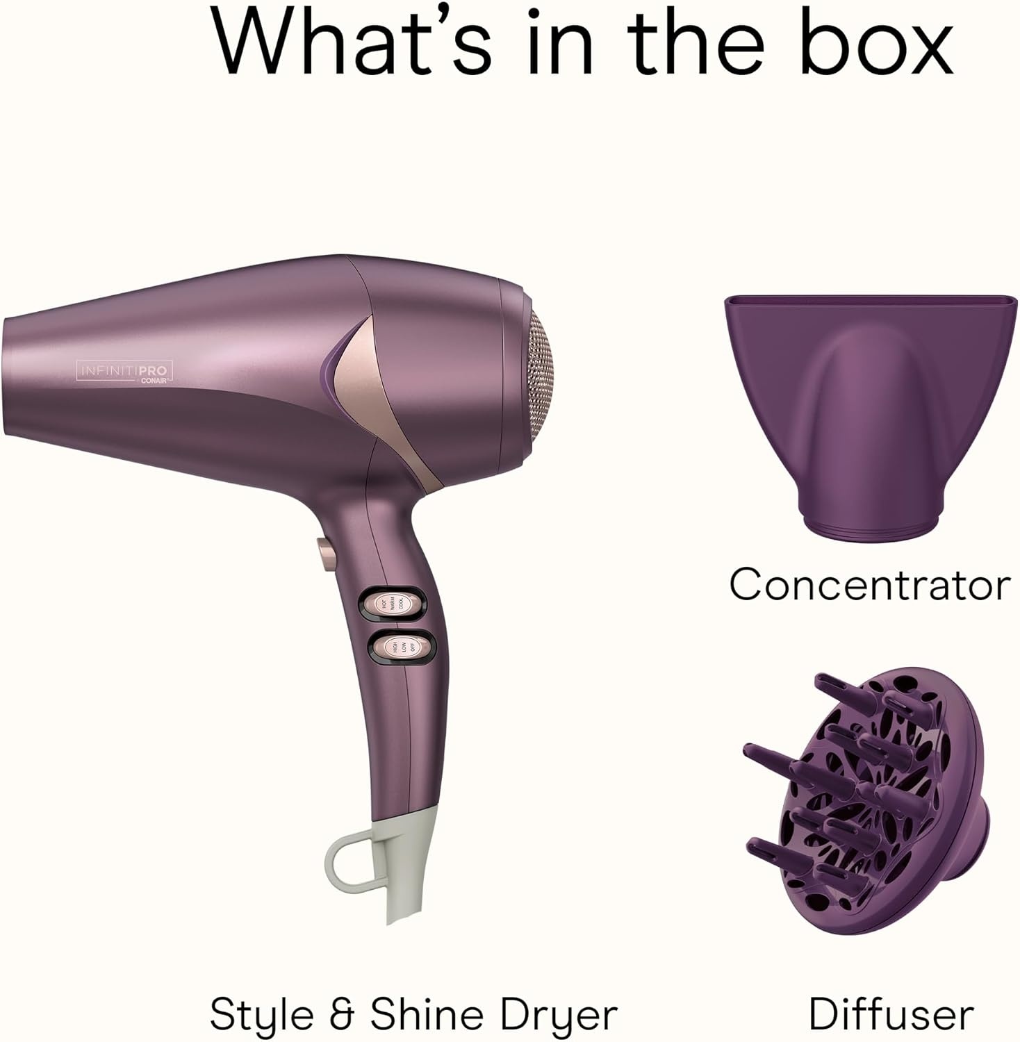 image:imageInfiniti PRO CONAIR Style amp Shine Hair Dryer with Diffuser and Concentrator 1875W Style amp Shine Blow Dryer with Tourmaline and Ionic Conditioning to Fight Frizz 3 Heat amp 2 Speed Settings PurplePurple