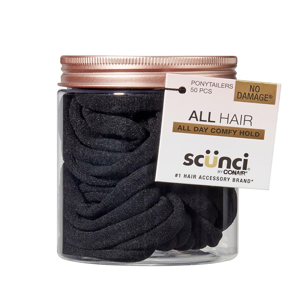 image:imageScunci by CONAIR Elastic Hair Ties No Damage Soft Nylon Black Hair Ties Ponytail Holders Stretch hosiery elastics Everyday Styling Accessories 50Pack with Storage Jar Black