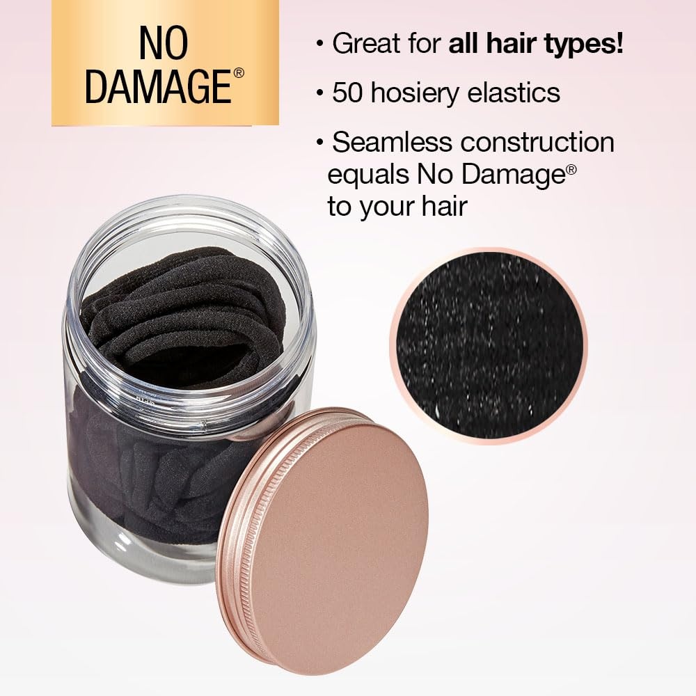 image:imageScunci by CONAIR Elastic Hair Ties No Damage Soft Nylon Black Hair Ties Ponytail Holders Stretch hosiery elastics Everyday Styling Accessories 50Pack with Storage Jar Black