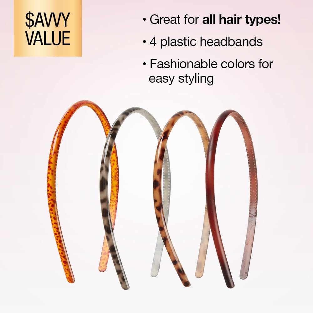 image:imageScunci by Conair Effortless Beauty Skinny headband plastic Headbands for Women and Men hair accessories for women Assorted Tortoise 4 Count