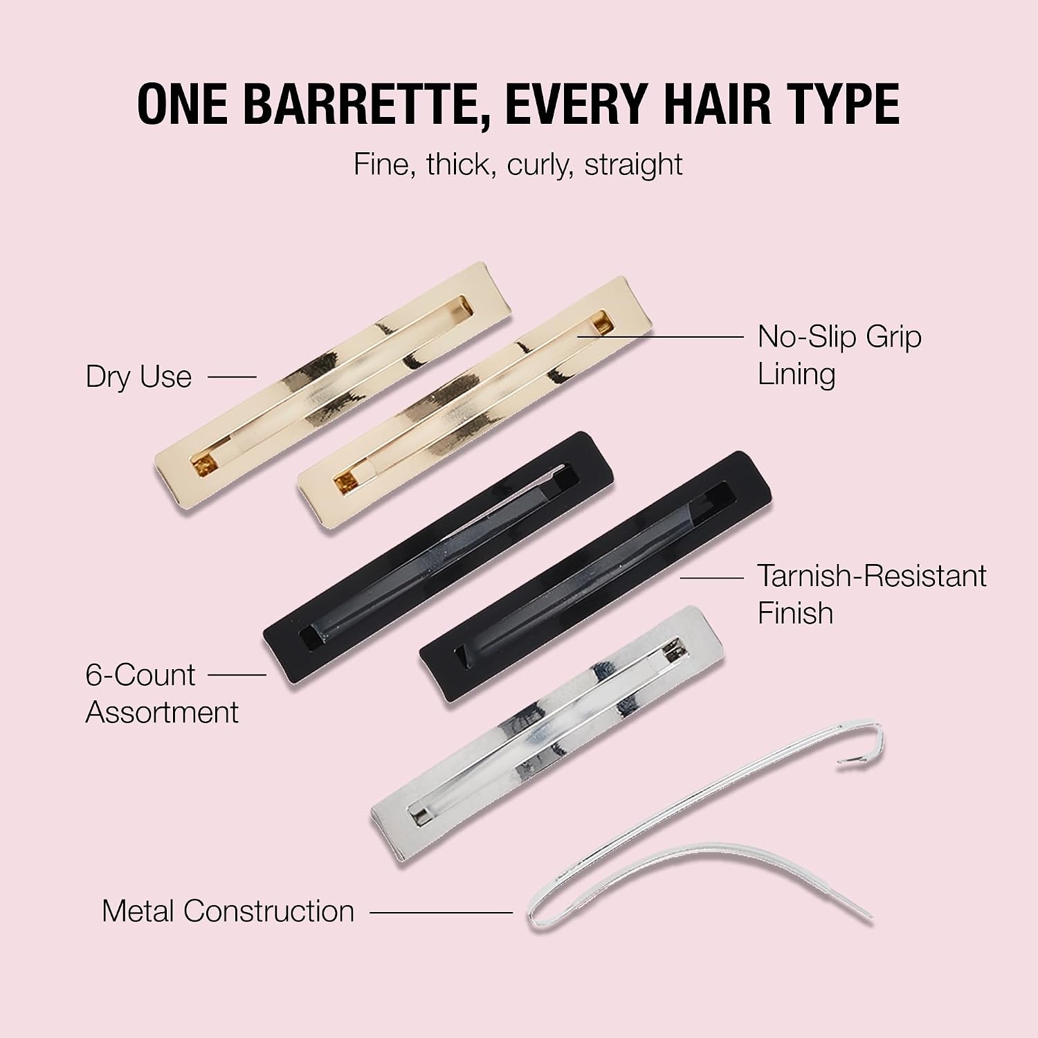image:imageScunci by Conair NoSlip Grip Stay Tight Barrettes hair barrettes for women hair accessories for women hair clips Gold Black and Silver 6 CountAssorted
