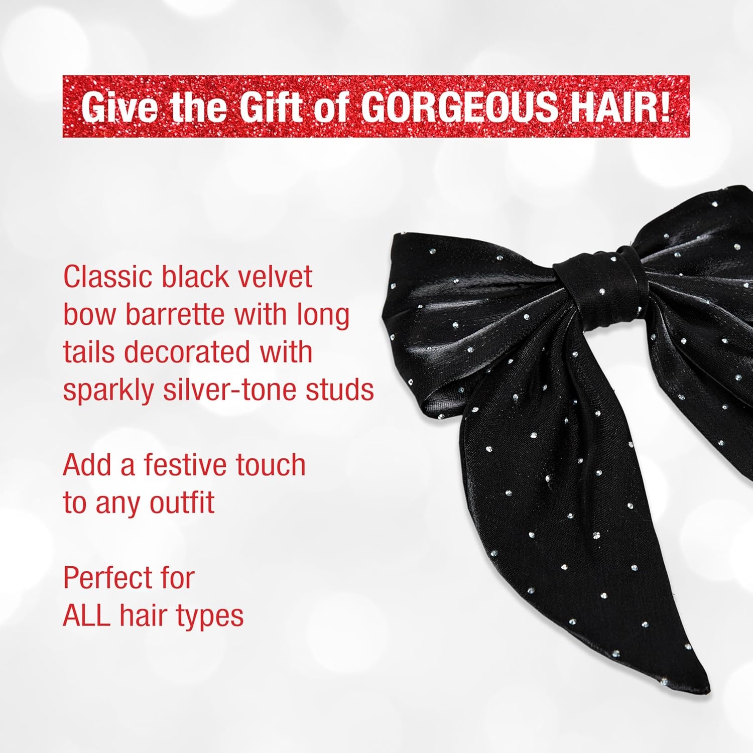 image:imageScunci by Conair Stud Bow Barrette hair bows holiday gifts for girls hair accessories for women stocking stuffers black bowNegro Black Shimmer