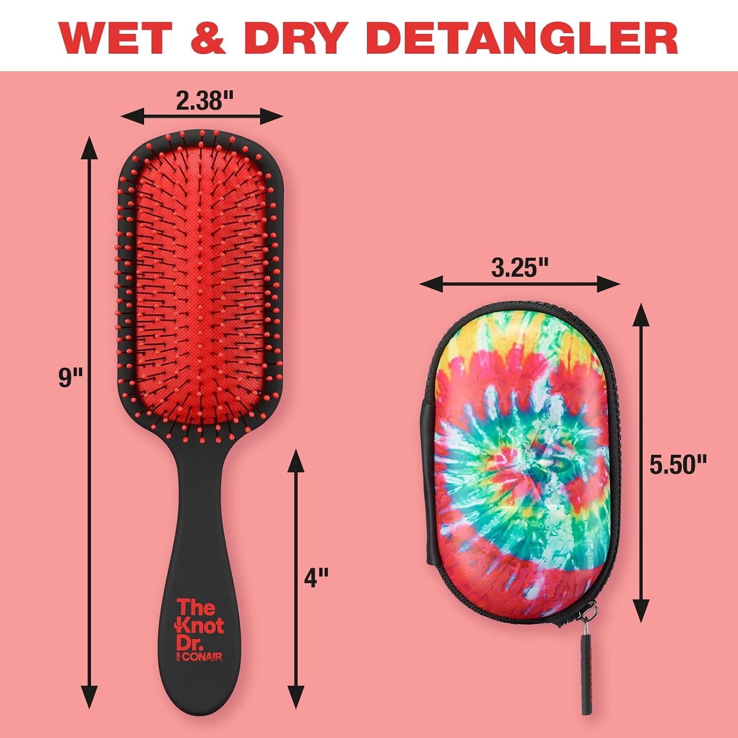 image:imageThe Knot Dr for Conair Hair Brush Wet and Dry Detangler with Storage Case Removes Knots and Tangles For All Hair Types Red TieDyeRed TieDye