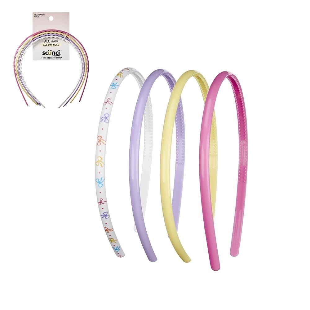 image:imageCONAIR Scunci Effortless Beauty Skinny headband plastic Headbands for Women and Men hair accessories for women gifts for her Assorted Colors 4 CountAssorted Pastel