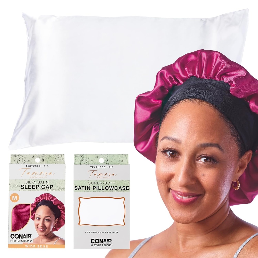 image:imageCONAIR x Tamera Mowry Collection Satin Swirl Print Hair Bonnet with bonus Curl Definition Brush Nylon Bristle hairbrush curl smoothing hair brush features removable bristles tie hair capPink Bonnet WPillowcase