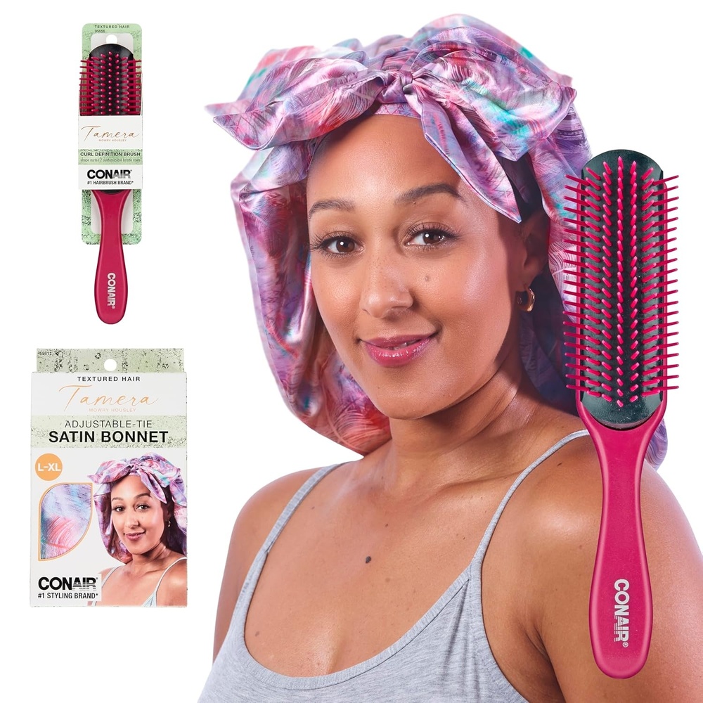 image:imageCONAIR x Tamera Mowry Collection Satin Swirl Print Hair Bonnet with bonus Curl Definition Brush Nylon Bristle hairbrush curl smoothing hair brush features removable bristles tie hair capPurplePinkBlue Swirl Bonnet Brush