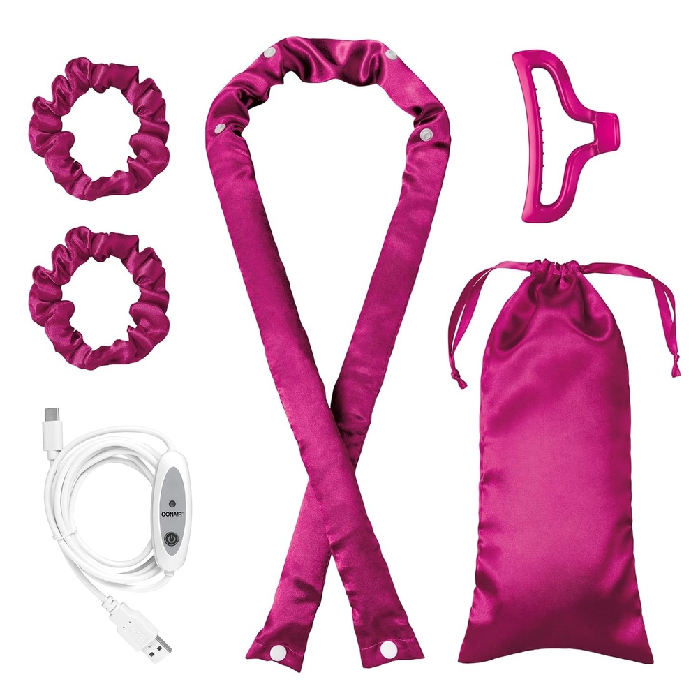 image:imageConair 2in1 Heat amp Heatless Hair Curler Set Includes Satin Curling Ribbon Claw Clip 2 Scrunchies USB Cord and Satin Pouch Pink