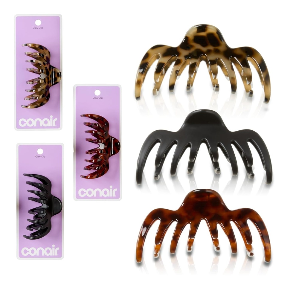 image:imageConair 3Pack Inner Teeth Claw Clips Hair Clips for Women Inner Teeth Flex for Tighter Hold Claw Clips for Women Ideal for All Hair Types Tortoise Pattern Blonde and Black
