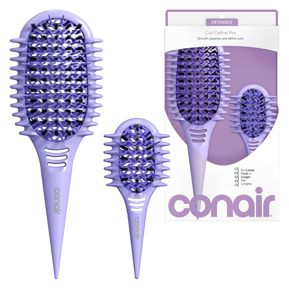 image:imageConair Curl Define Pro Large and Mini Detangler Brush Set for Loose Curls DualVent Design Curl Defining Brush with Continuous Grooves and Mixed Bristles Hairbrush Set for Long Hair Styling Purple