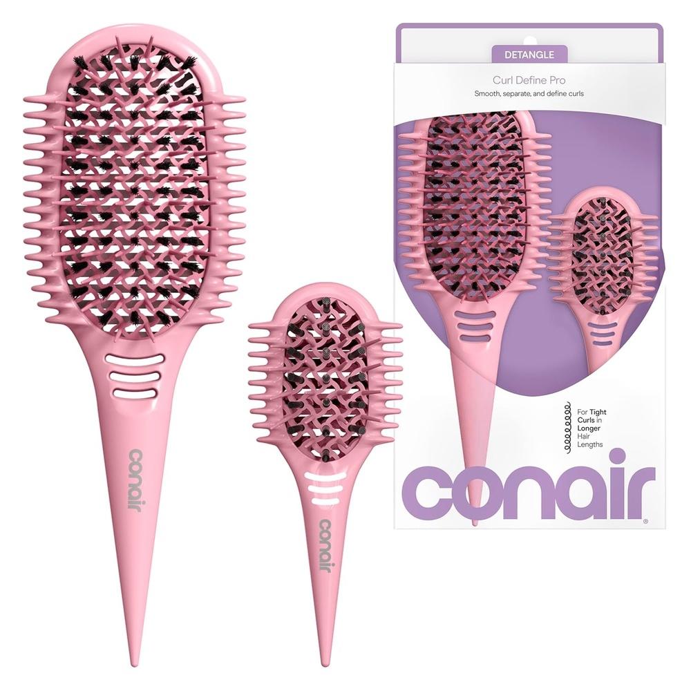 image:imageConair Curl Define Pro Large and Mini Detangler Brush Set for Tight Curls DualVent Design Curl Defining Brush with Continuous Grooves and Mixed Bristles Hairbrush Set for Long Hair Styling Pink