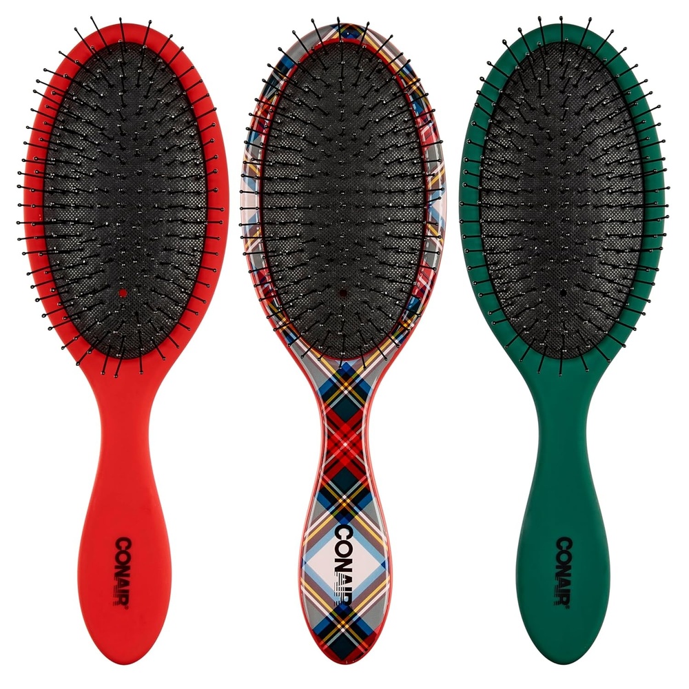 image:imageConair Detangling Hair Brush Set 3Pack Detangler Brushes for Wet or Dry Hair Gentle Detangler for All Hair Types Bristle Hair Brushes for Women Beige Navy and CoralTartan Red Green
