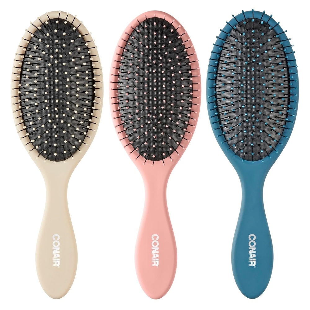 image:imageConair Detangling Hair Brush Set 3Pack Detangler Brushes for Wet or Dry Hair Gentle Detangler for All Hair Types Bristle Hair Brushes for Women Beige Navy and CoralBeige Navy Coral