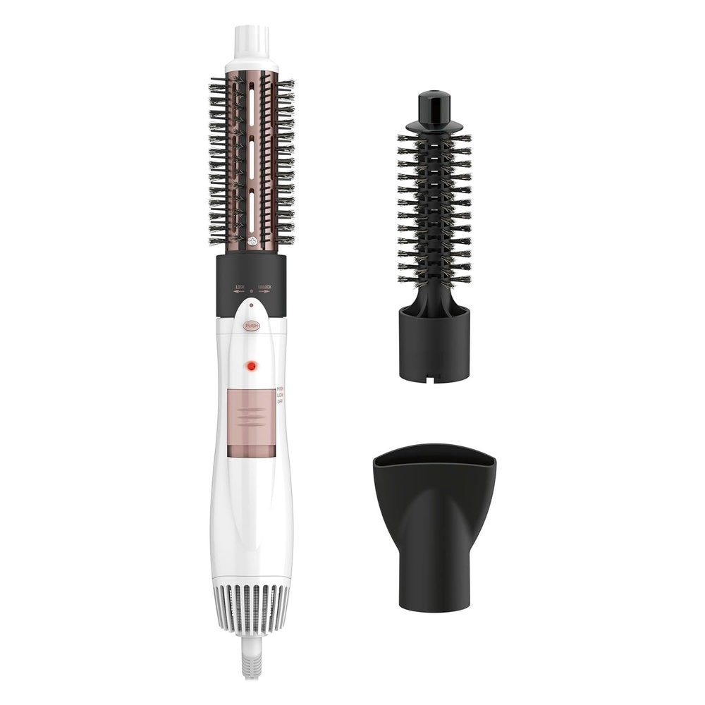 image:imageConair Double Ceramic 3in1 Hot Air Brush Interchangeable Attachments 1Inch Thermal Brush Inch Boar and Nylon Bristle Brush and Concentrator Voluminous Curls amp Straight Styles WhiteHot Air Brush