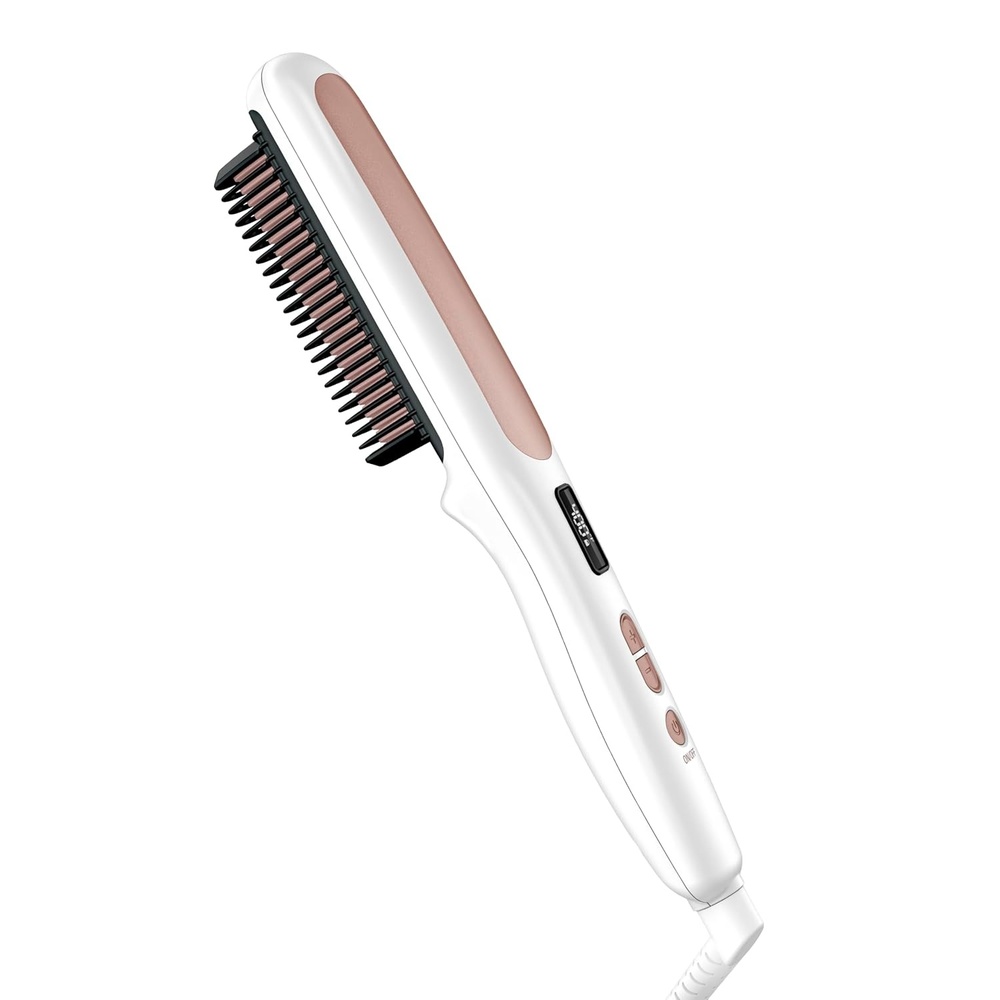 image:imageConair Double Ceramic Hair Straightener Brush Heated Straightening Brush for Smooth Shiny Hair VShaped Heated Bristles for Closer Contact 5 LED Heat Settings Dual Voltage White15