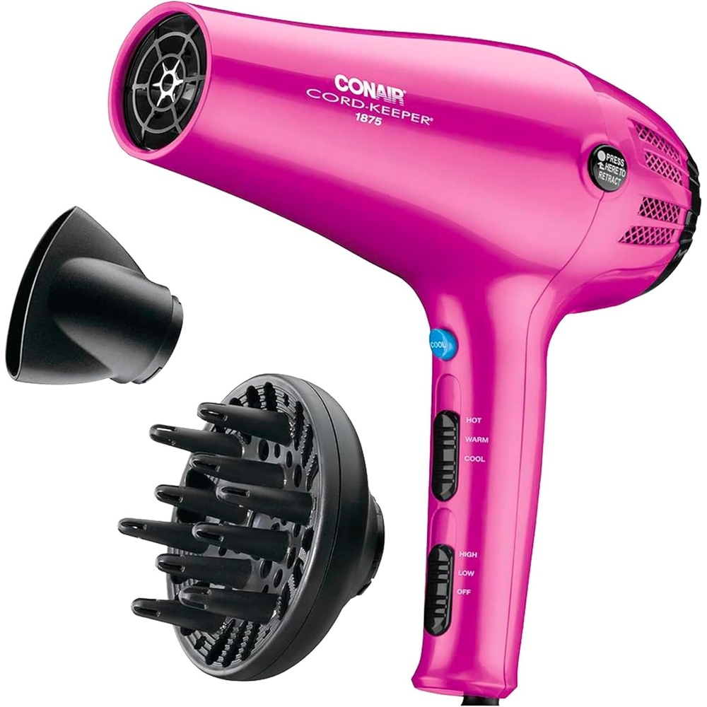 image:imageConair Hair Dryer with Retractable Cord 1875W Blow Dryer 3 Heat Settings 2 Speeds Blow Dryer with Diffuser and Concentrator Attachments Ionic Tourmaline Technology Matte Light PinkPink
