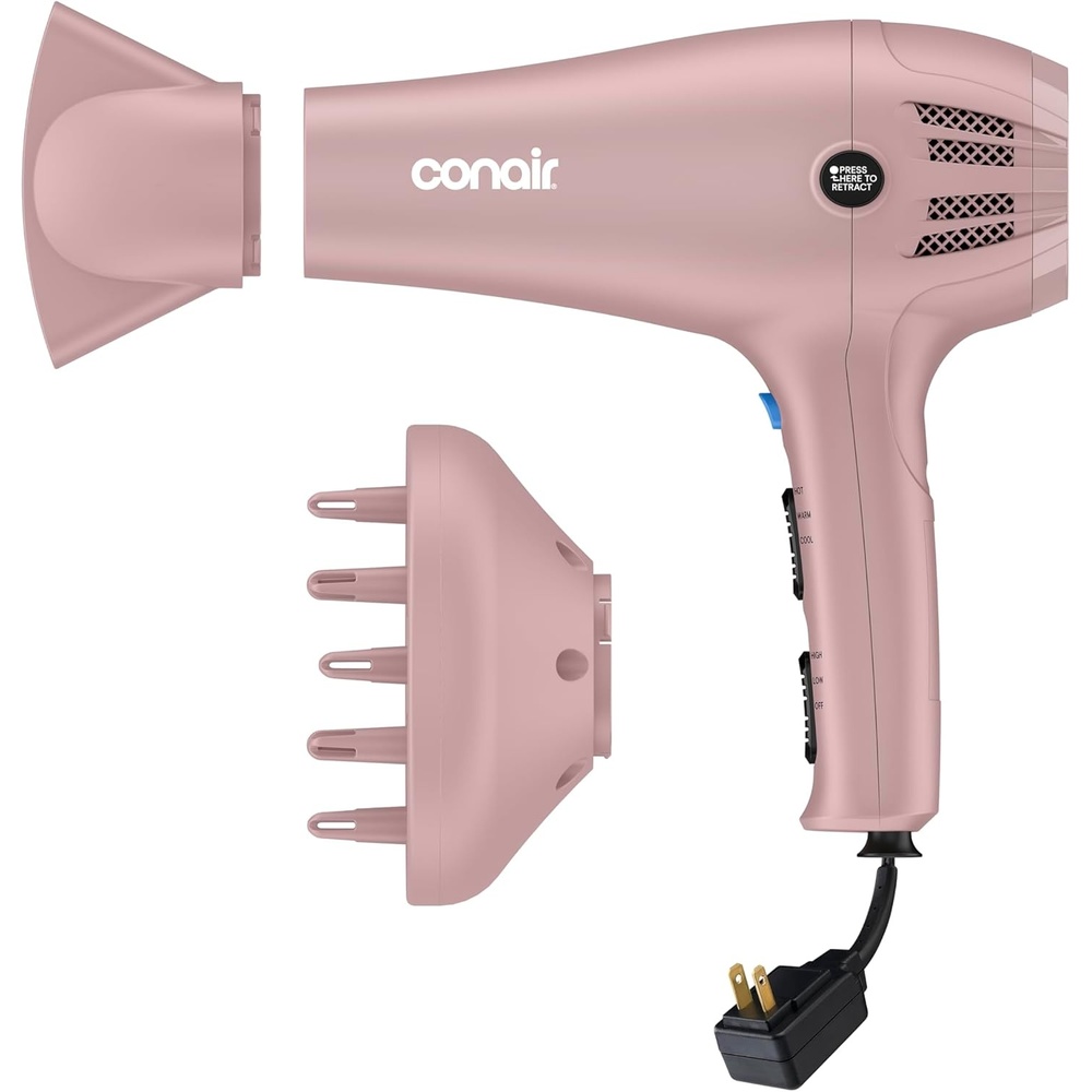 image:imageConair Hair Dryer with Retractable Cord 1875W Blow Dryer 3 Heat Settings 2 Speeds Blow Dryer with Diffuser and Concentrator Attachments Ionic Tourmaline Technology Matte Light PinkMatte Light Pink