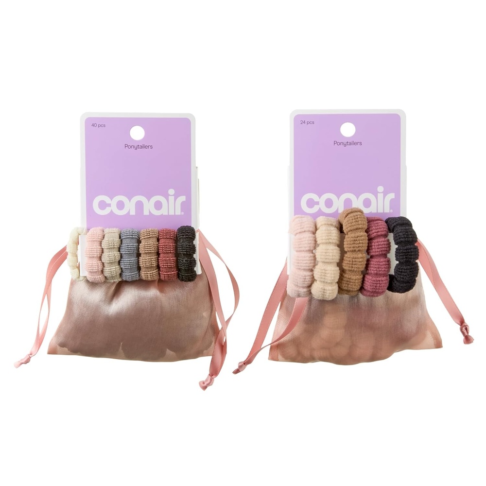 image:imageConair Luxe Ponytailers in Pouches 64PK Hair Ties No Damage Hair Accessories for Girls Hair Bands Hair Ties Variety Pack Neutral Colors