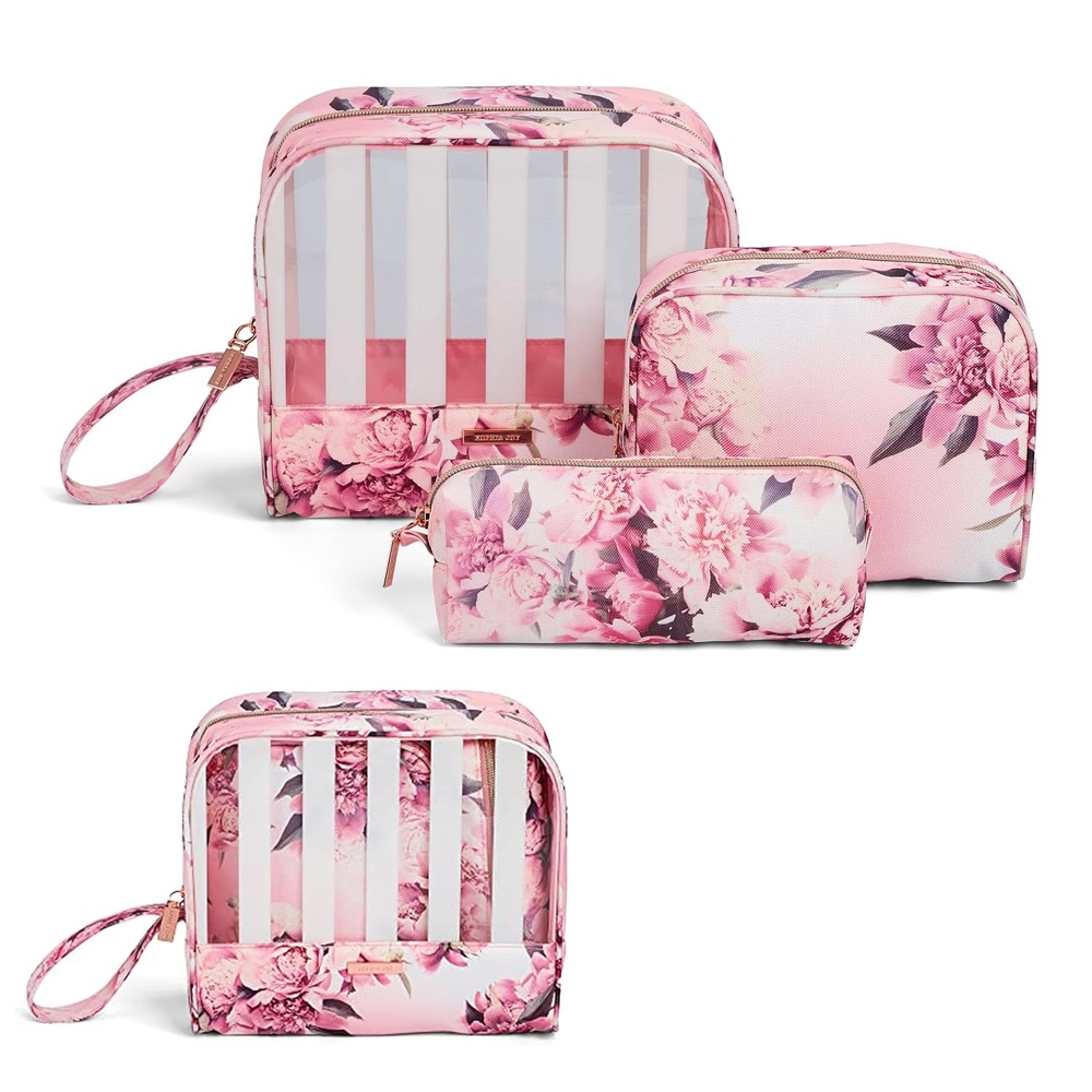 image:imageConair Makeup Bag Cosmetic Bag Great for Makeup Brushes or Cosmetics Perfect Size for Purse or CarryOn 3 Piece Set in Pink Floral PrintWhite Stripes Pink Floral