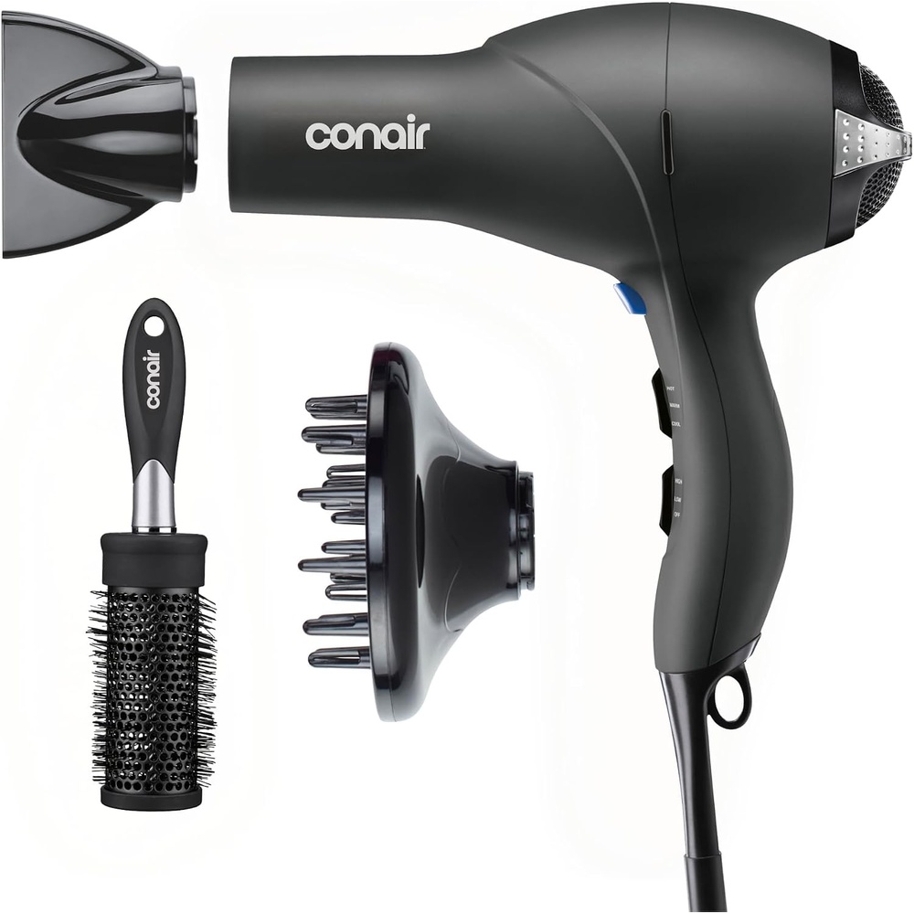 image:imageConair Salon Hair Dryer 1875W AC Motor for All Hair Types Includes Bonus Round Brush Concentrator Diffuser Black 259AMRYBlack