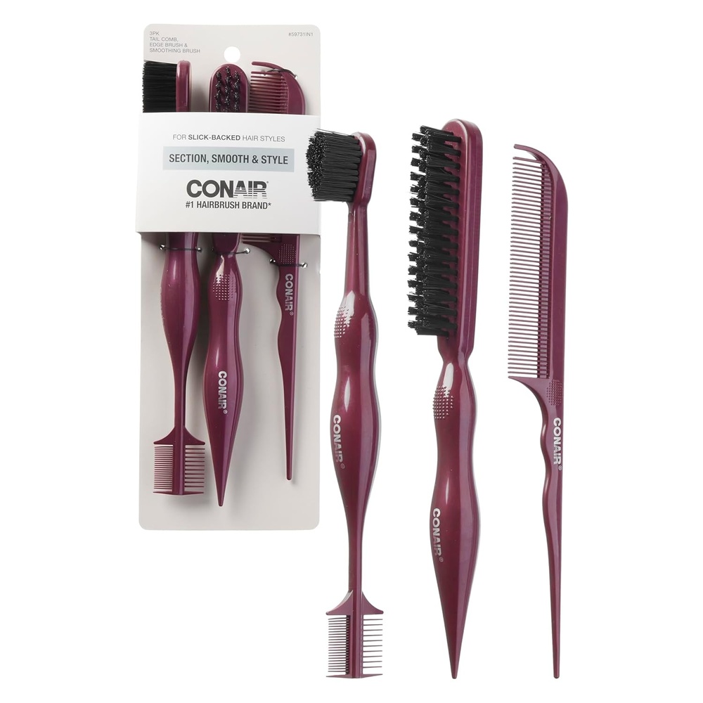 image:imageConair Slick Back Tail Comb Set 3Pack with Fine Tooth Tail Comb Edge Brush and Smoothing Brush for Teasing Parting and Smoothing Sleek Hair Styles Control Hair Flyaways