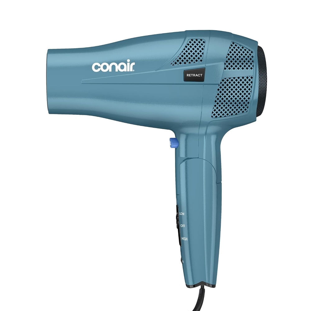 image:imageConair Travel Hair Dryer 1875W Dual Voltage Folding Handle Retractable Cord for All Hair Types Teal 289LBlue