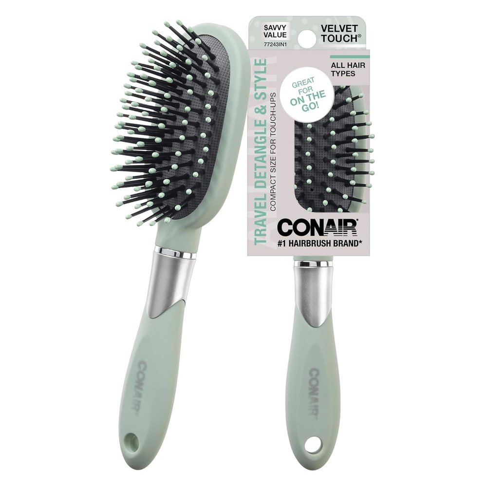image:imageConair Velvet Touch oval cushion hair brush Travel Hairbrush Detangling ideal for curly or straight styles detangler brushes women or men Sage GreenSage Green