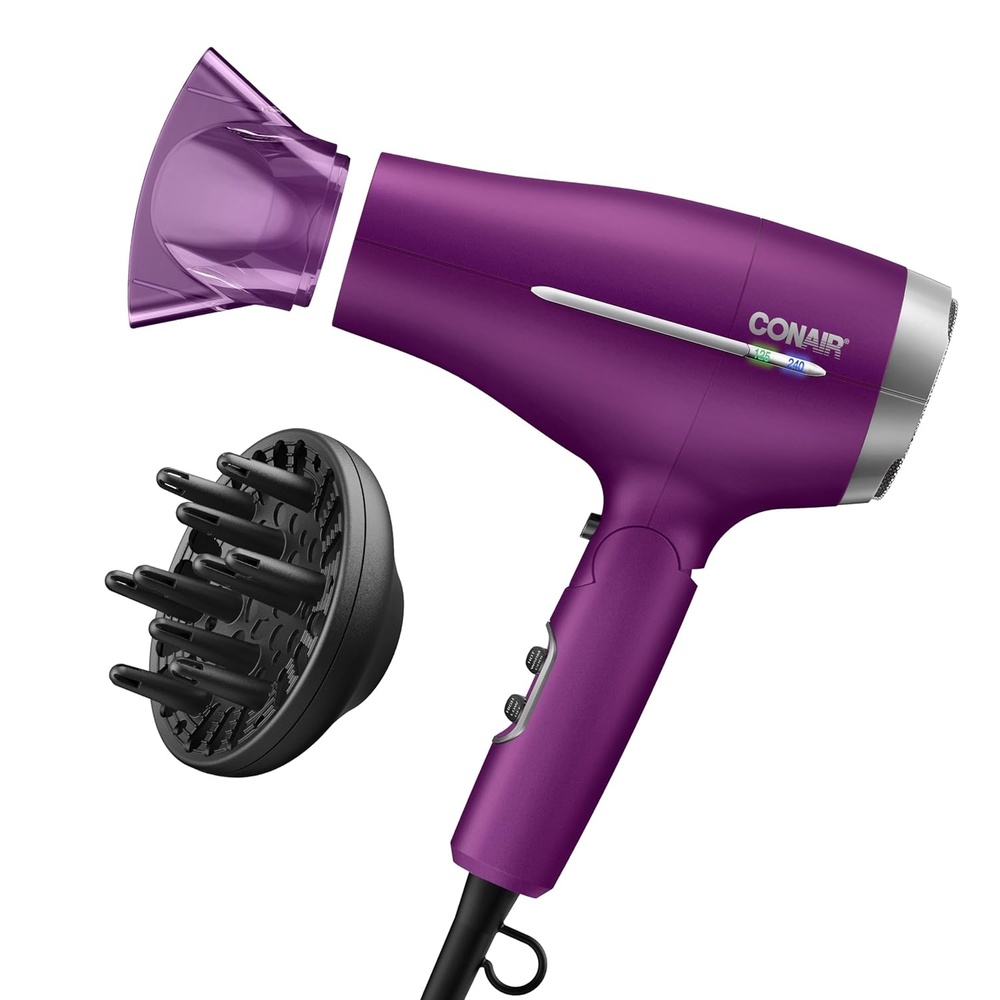 image:imageConair Worldwide Folding Handle Hair Dryer with Concentrator amp Diffuser 1875W Travel Blow Dryer with Smart Voltage Technology Ionic Conditioning Fights Frizz 3 Heat amp 2 Speed Settings Purple