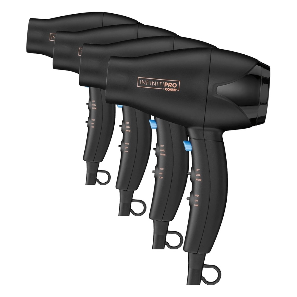 image:imageINFINITI PRO CONAIR Travel Hair Dryer 1600W Mighty Mini Compact Blow Dryer with Concentrator Attachment Lightweight Professional AC Motor for Fast Drying 3 Heat amp 2 Speed Settings BlackTravel Size Pack of 4