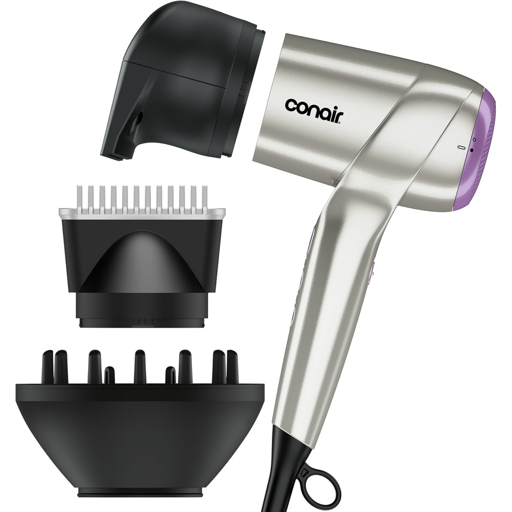 image:imageInfiniti PRO CONAIR Digital Hair Dryer Lightweight Ionic Blow Dryer wDiffuser for Reducing Frizz amp Defining Curls Includes Diffuser Thermal Concentrator AntiFlyaway Attachment Silver amp Purple