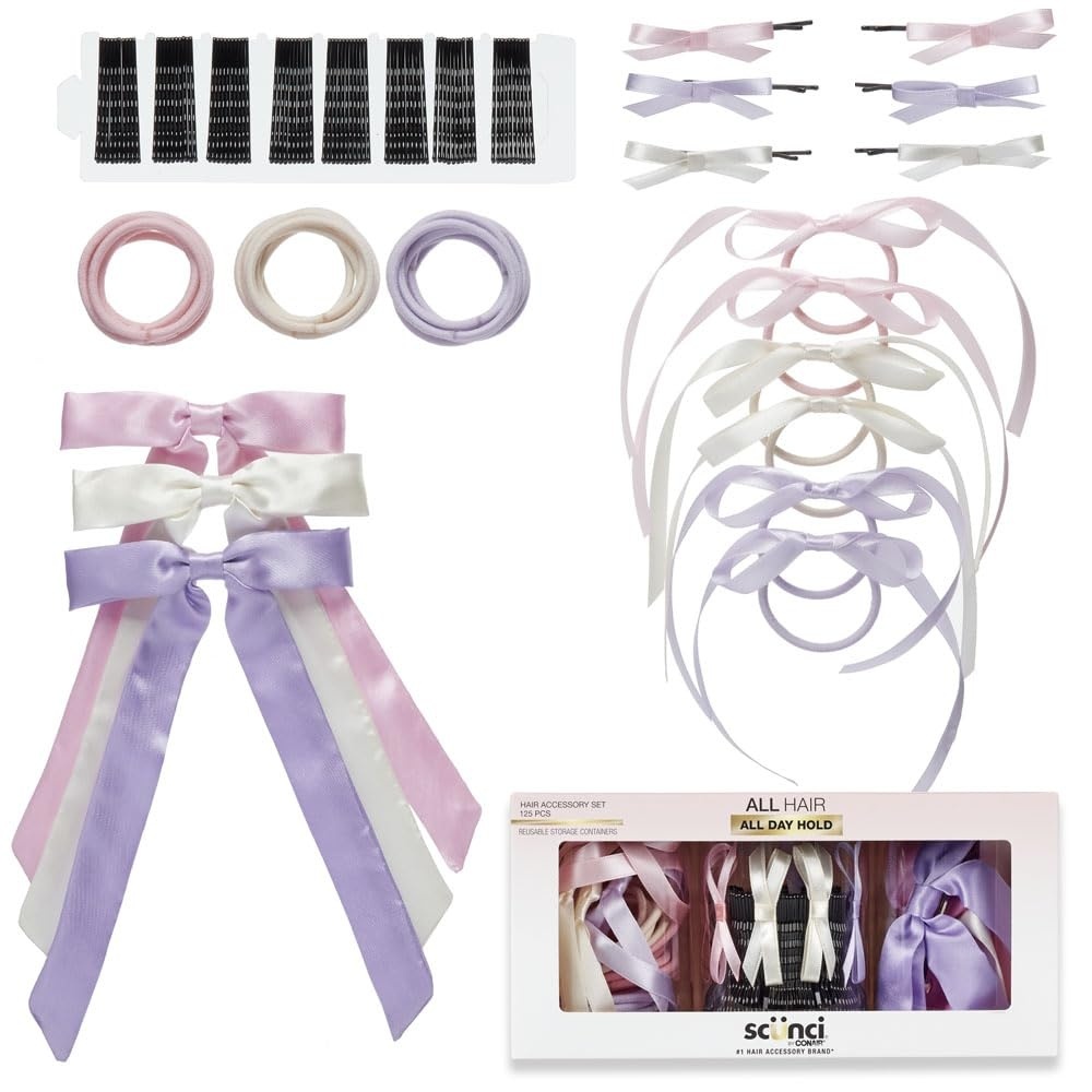 image:imageScunci by Conair 125 Piece Hair Accessories Set hair accessories for women hair bow bows hair clip hair elastics bobby pins Assorted colors with storagePastel