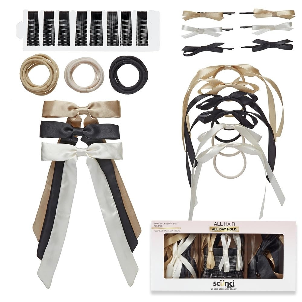 image:imageScunci by Conair 125 Piece Hair Accessories Set hair accessories for women hair bow bows hair clip hair elastics bobby pins Assorted colors with storageNeutral