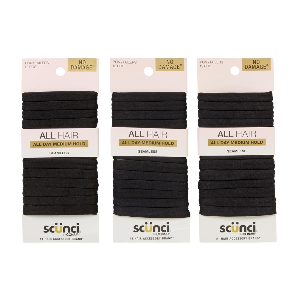 image:imageScunci by Conair 36PC Elastic Hair Ties Soft Everyday Ponytail Holders for Thick Curly and Fine Hair Flexible SoftTouch No Damage Hair Bands Stretch Hosiery Hair Ties Black