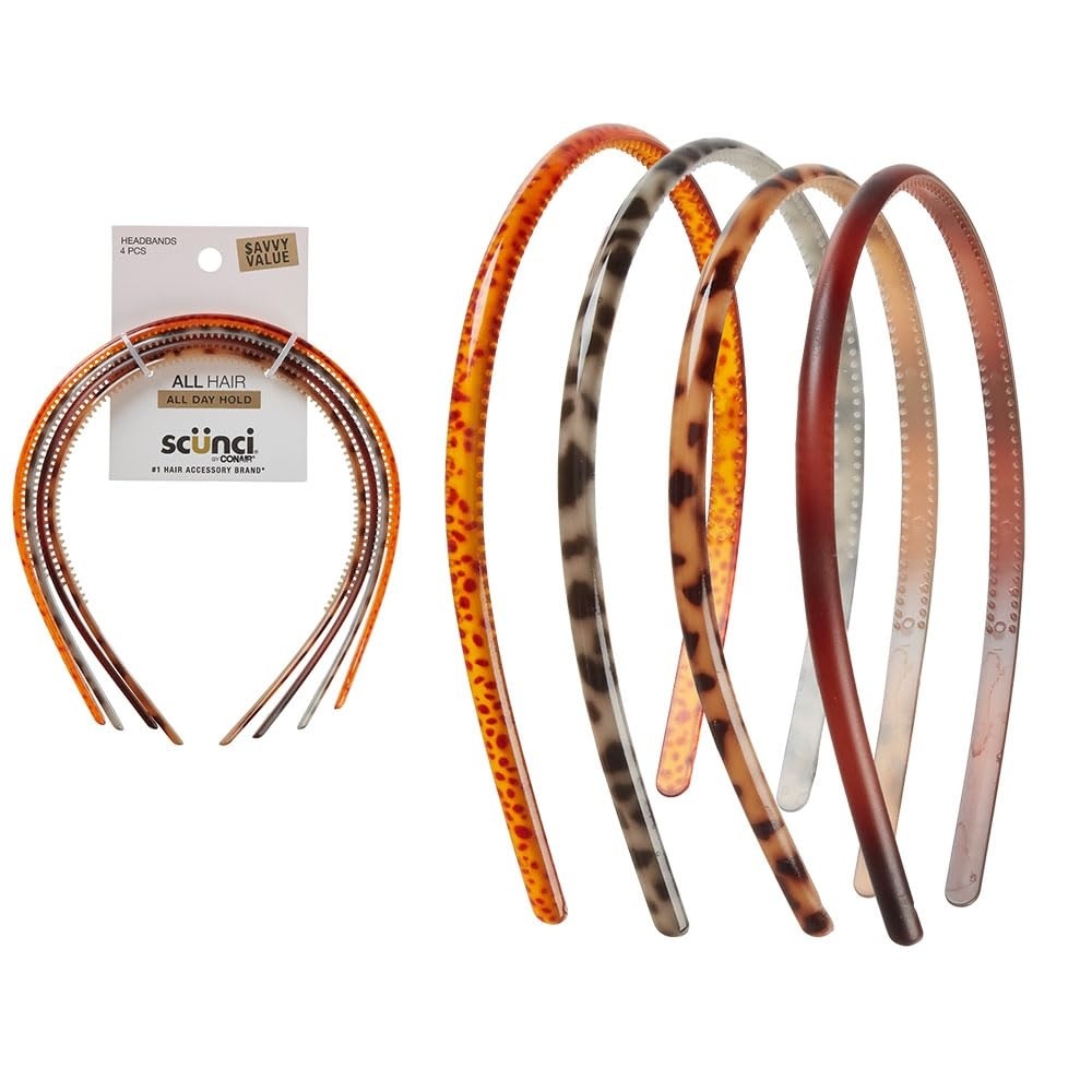 image:imageScunci by Conair Effortless Beauty Skinny headband plastic Headbands for Women and Men hair accessories for women Assorted Tortoise 4 Count