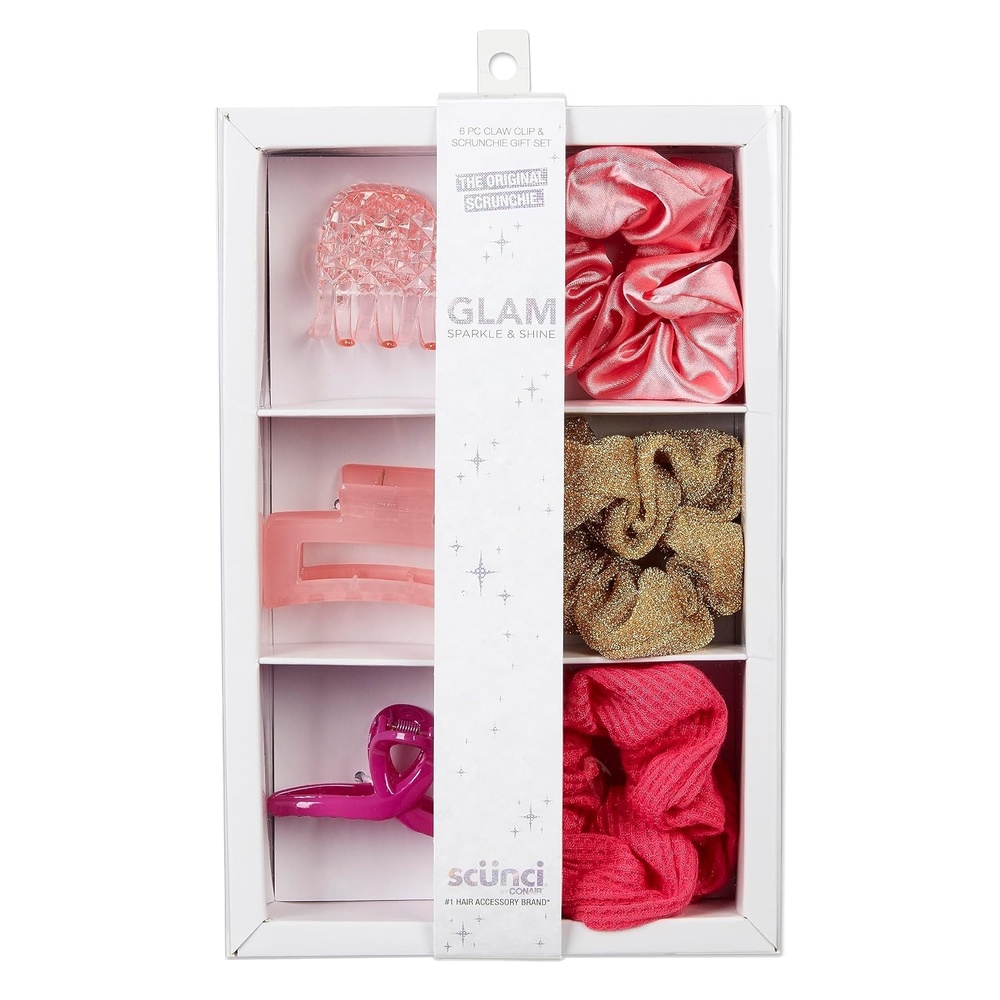 image:imageScunci by Conair Gift Set Gift Box Under 20 Includes 3 Claw Clips and 3 Scrunchies in Pink and Gold ColorsPink Set