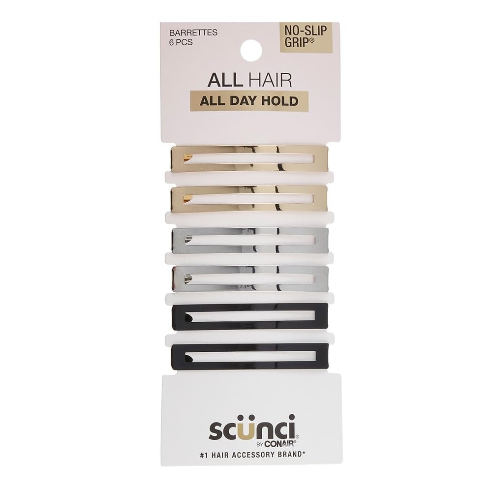image:imageScunci by Conair NoSlip Grip Stay Tight Barrettes hair barrettes for women hair accessories for women hair clips Gold Black and Silver 6 CountGold Black Silver