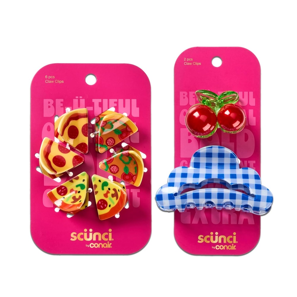 image:imageScunci by Conair Novelty Food Claw Clips 8PK Fun Mini Pizza Slice Hair Clips Mini Cherry Clip amp Medium Gingham Clip Durable and Trendy Hair Clips for Women All Hair Types amp Textures Multicolor