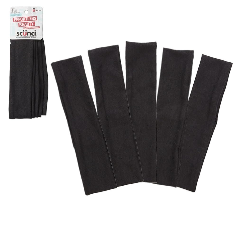 image:imageScunci by Conair Soft Stretchable Headbands accessories for women  mens headband  running headband Black 5 Count