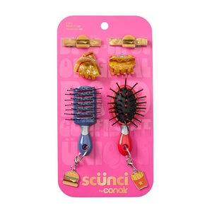 Conair 6PK Novelty Food-Themed Brush and Accessory Set, Hair Clips for Women, Claw Clips, Mini Hairbrushes with Food Charms, Ideal for All Hair Types, Assorted