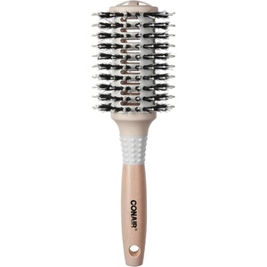 Conair Ceramic and Wood Round Hair Brush with Vented Barrel, Mixed Boar Bristles, Large Barrel for Smooth, Shiny Blowouts, Off White