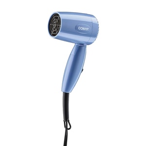 Conair Compact Travel Dual Voltage Hair Dryer | Compact 1600W travel blow dryer with folding handle and dual voltage for all hair types, Blue, Model 124NL(1600 Watt)
