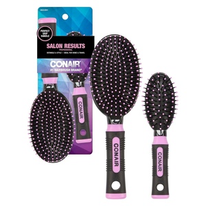 Conair Salon Results Hairbrush Set – Travel Hair Brush – Hairbrushes for All Hair Types – curly hair brush – hairbrush – detangler brush – Travel size + Full-size Brush(Blush Pink)
