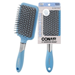 Conair Velvet Touch Paddle Cushion hair brush – Detangling hairbrush – curly or straight styles – men or women – detangler – features soft touch handle – Sky Blue(Sky Blue)