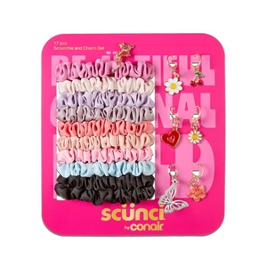 Scunci by Conair 17PC Satin Scrunchie and Charm Set, Scrunchies for Women with Removable Charms, Mini Hair Scrunchies with Comfortable All-Day Hold, Satin Hair Ties No Damage, Multicolor