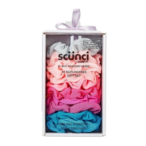 Scunci by Conair Gift Set, Gift Box Under $20, Includes 3 Claw Clips and 3 Scrunchies in Pink and Gold Colors(Pink and Purple)