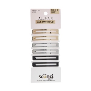 Scunci by Conair No-Slip Grip Stay Tight Barrettes – hair barrettes for women – hair accessories for women – hair clips – Gold, Black and Silver – 6 Count(Assorted)