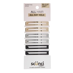 Scunci by Conair No-Slip Grip Stay Tight Barrettes – hair barrettes for women – hair accessories for women – hair clips – Gold, Black and Silver – 6 Count(Gold  Black  Silver)