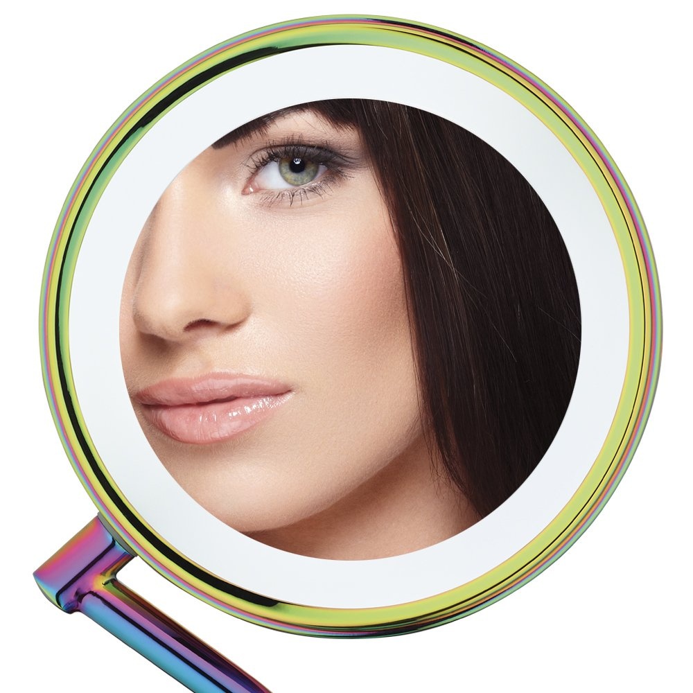 image:imageConair DoubleSided Battery Operated Lighted Makeup Mirror Lighted Vanity Makeup Mirror with LED Lights 1x 5x Magnification Polished Chrome FinishRainbow Finish