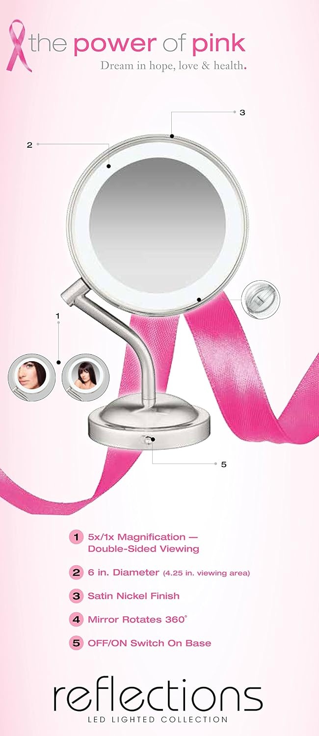 image:imageConair DoubleSided Battery Operated Lighted Makeup Mirror Lighted Vanity Makeup Mirror with LED Lights 1x 5x Magnification Polished Chrome FinishSatin Nickel Finish