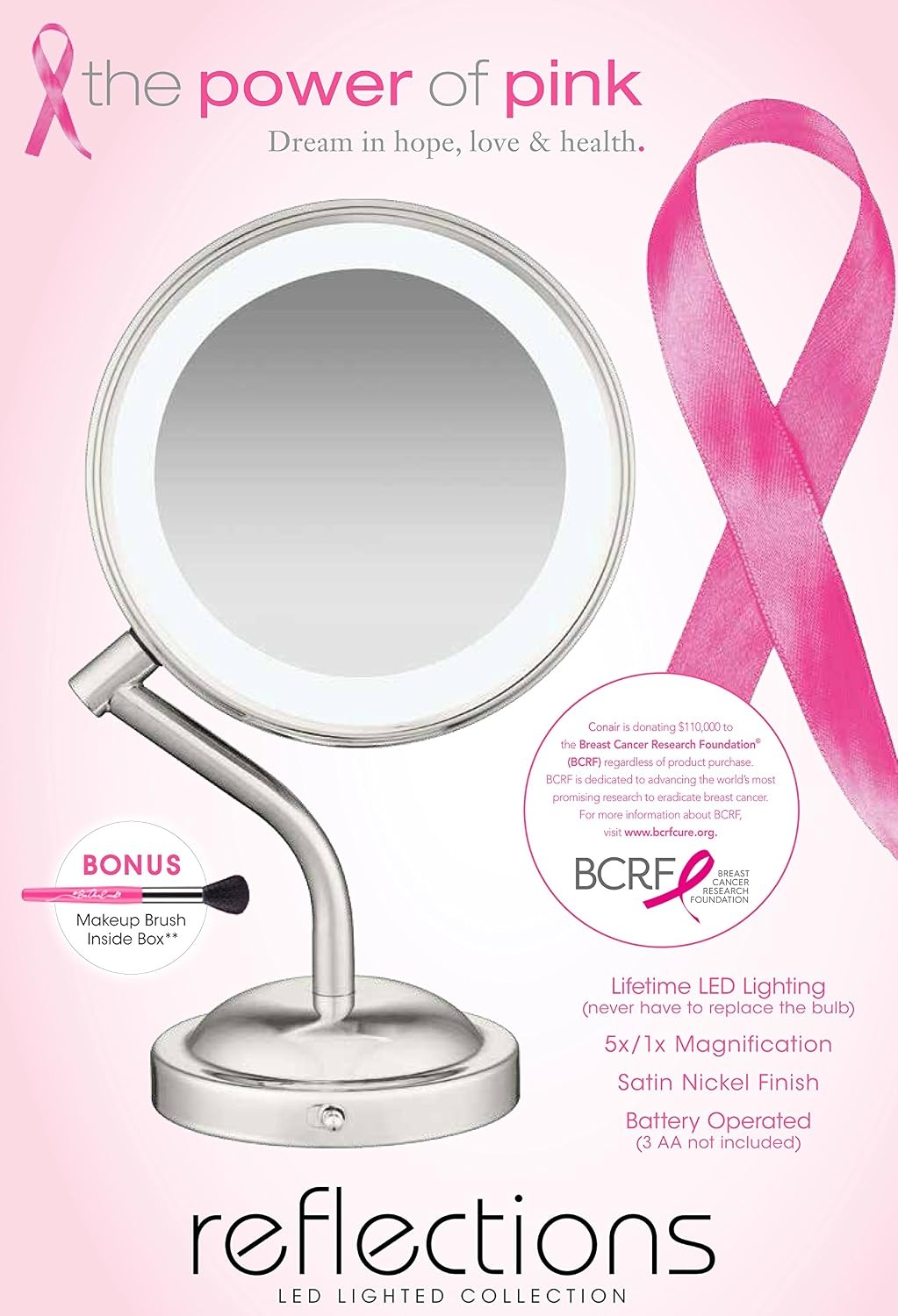 image:imageConair DoubleSided Battery Operated Lighted Makeup Mirror Lighted Vanity Makeup Mirror with LED Lights 1x 5x Magnification Polished Chrome FinishSatin Nickel Finish
