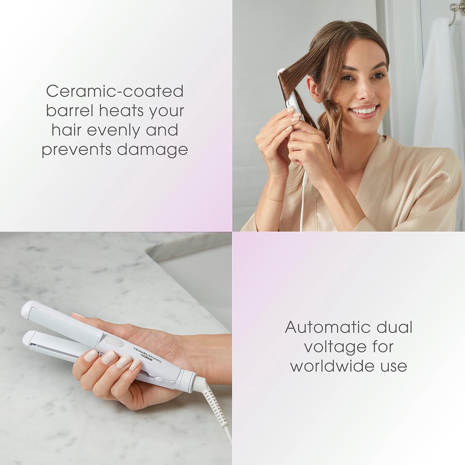image:imageConair Travel Flat Iron and Curler 2in1 Tool Portable Hair Straightener and Hair Curler in White by Travel Smart